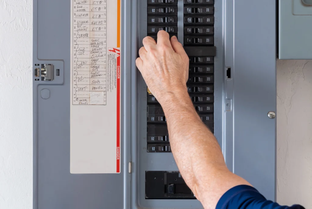 A person adjusts a switch on an electrical breaker panel, with a handwritten diagram visible on the inside cover.