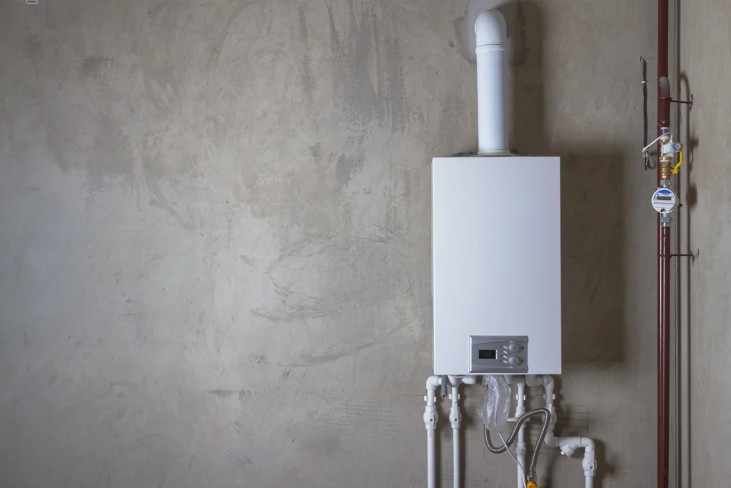 A white, rectangular boiler is mounted on a plain concrete wall. Pipes and a gauge are connected at the bottom, and a ventilation pipe extends upwards.