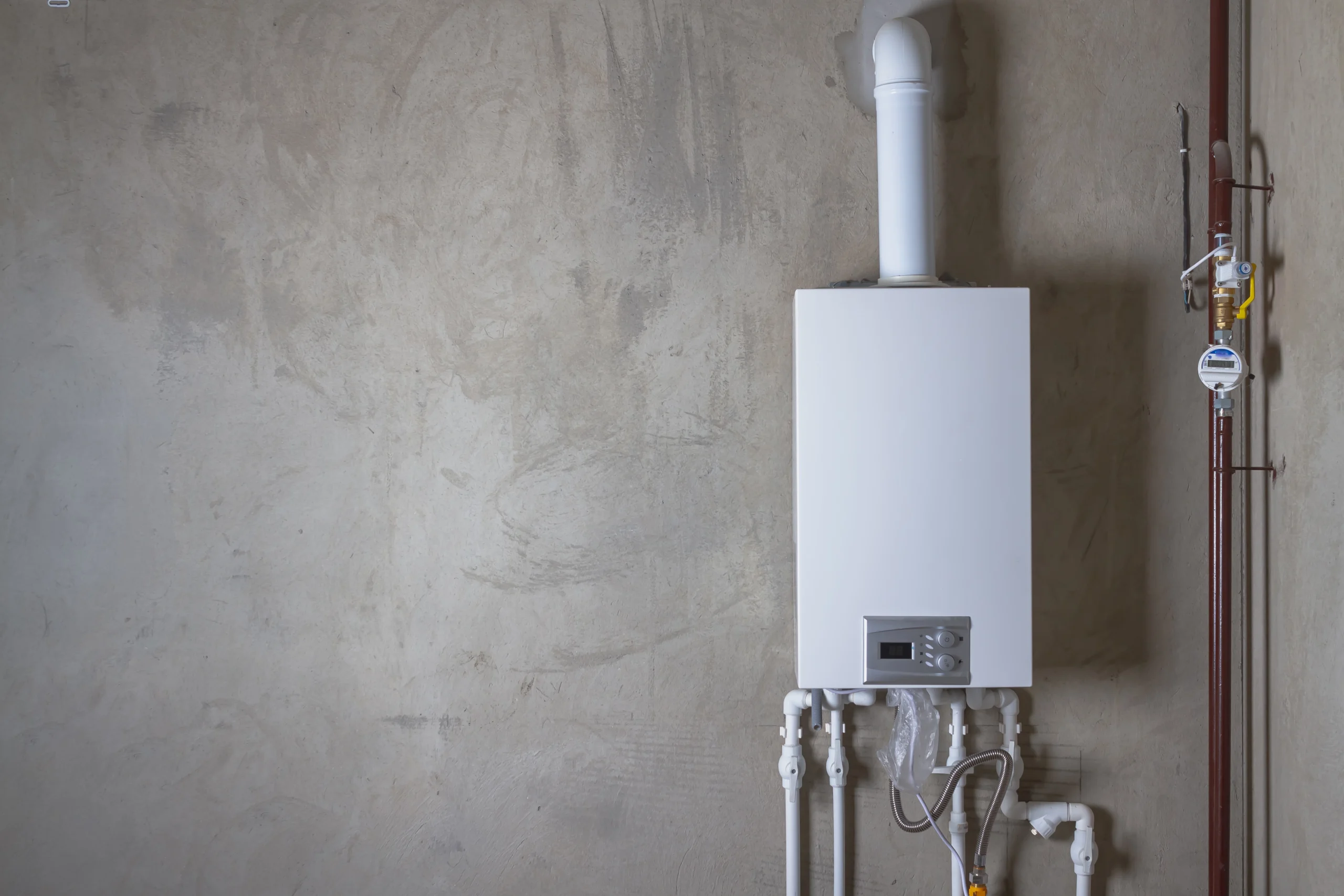 A white, rectangular boiler is mounted on a plain concrete wall. Pipes and a gauge are connected at the bottom, and a ventilation pipe extends upwards.