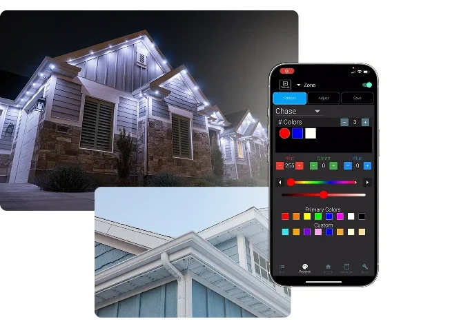 Two photos of a house with LED lights on the roof, shown at night and during the day, alongside a smartphone displaying a lighting control app.