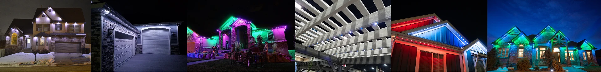 A row of buildings and houses with various styles of exterior lighting, including white, colored, and multicolored lights, shown at night.