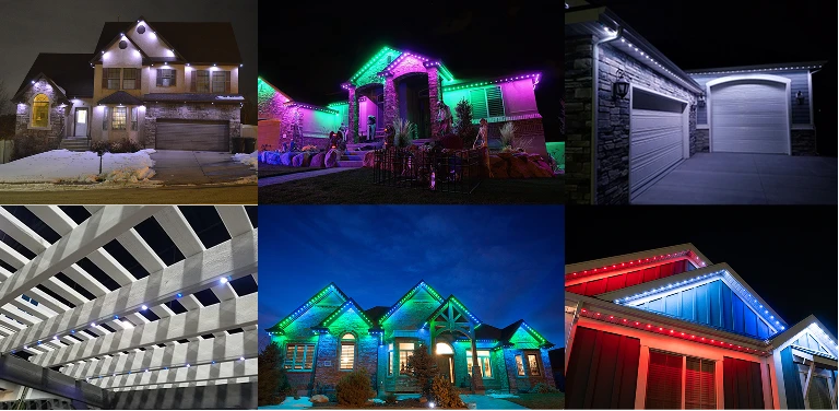 Collage of six houses and buildings at night, each displaying different styles and colors of exterior LED lighting.